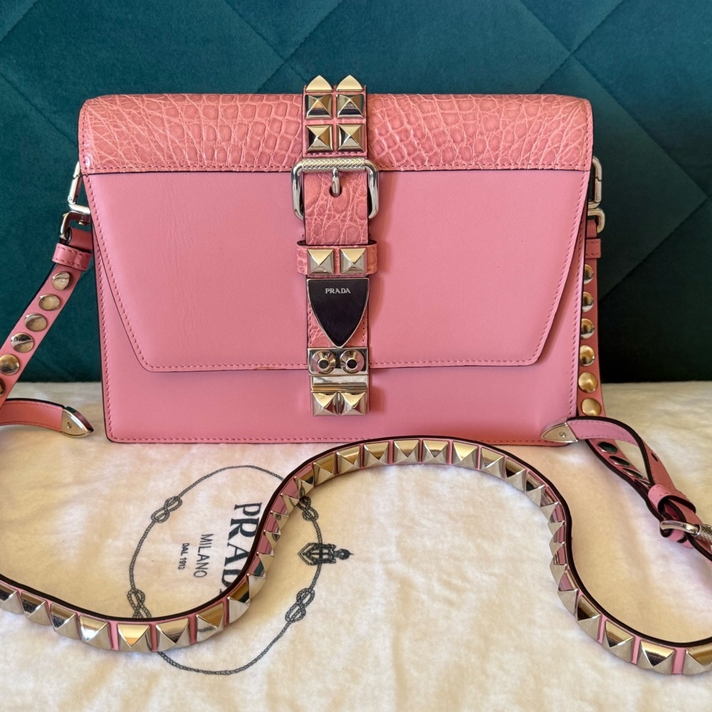 Prada Elektra 1BD120 Pink Studded Flap Shoulder Bag City Calf + Croc Trim - Picture 2 of 15